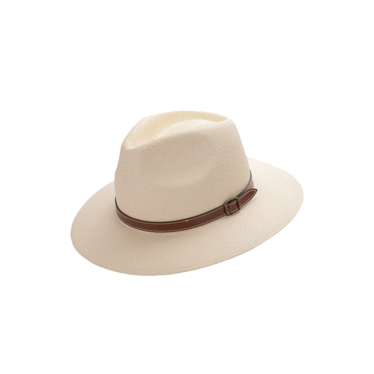 Cubo enlace chocar Aser sombrero panamá copa safari color natural y correa de piel marron con  hebilla